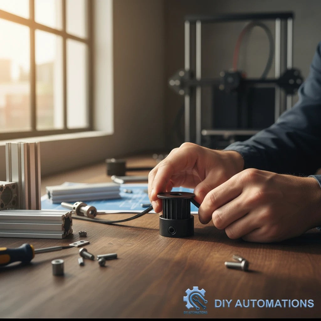 DIY AUTOMATIONS black aluminum 16T timing pulley with 6mm bore being installed on a workbench for a 3D printer project