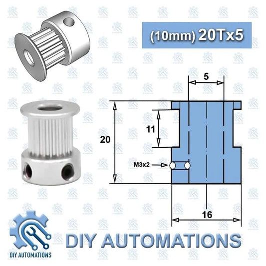 DIY Automations silver aluminum 20-tooth timing pulley with 5mm bore for GT2 belts, 20mm OD, 11mm width.