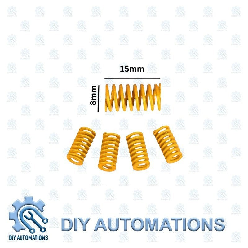 DIY Automations yellow metal bed leveling springs, 8x15mm, for 3D printers.