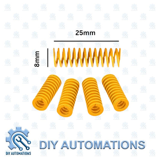 DIY Automations yellow 8x25mm bed leveling springs for 3D printers. Set of four springs.