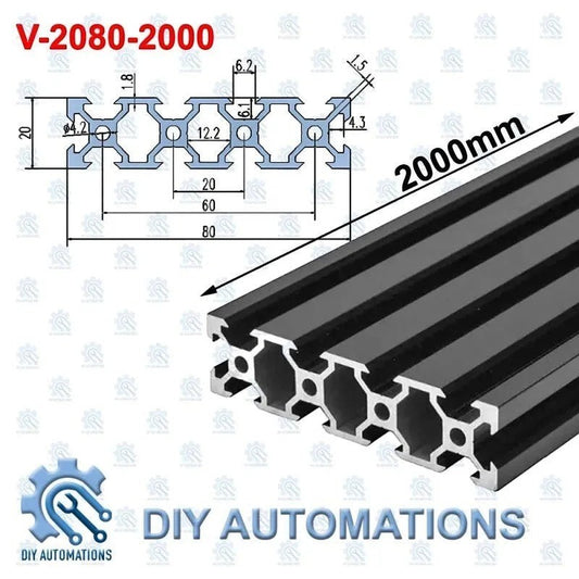 DIY AUTOMATIONS black 2080 aluminum extrusion profile, 2000mm length, T-slot design for DIY projects, CNC machines, 3D printers.