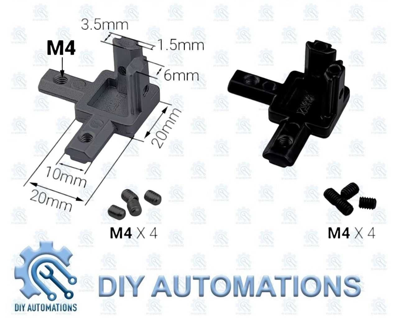 DIY AUTOMATIONS black 3-way corner connector bracket, 20x20mm, plastic, for modular furniture and shelving.