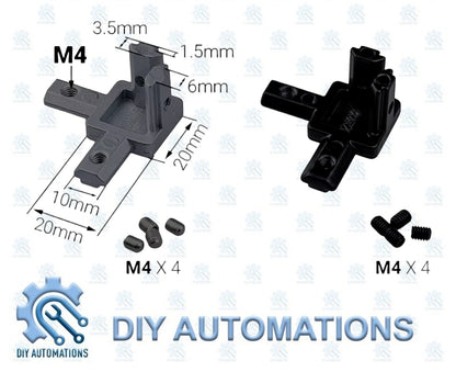 DIY AUTOMATIONS black 3-way corner connector bracket, 20x20mm, plastic, for modular furniture and shelving.