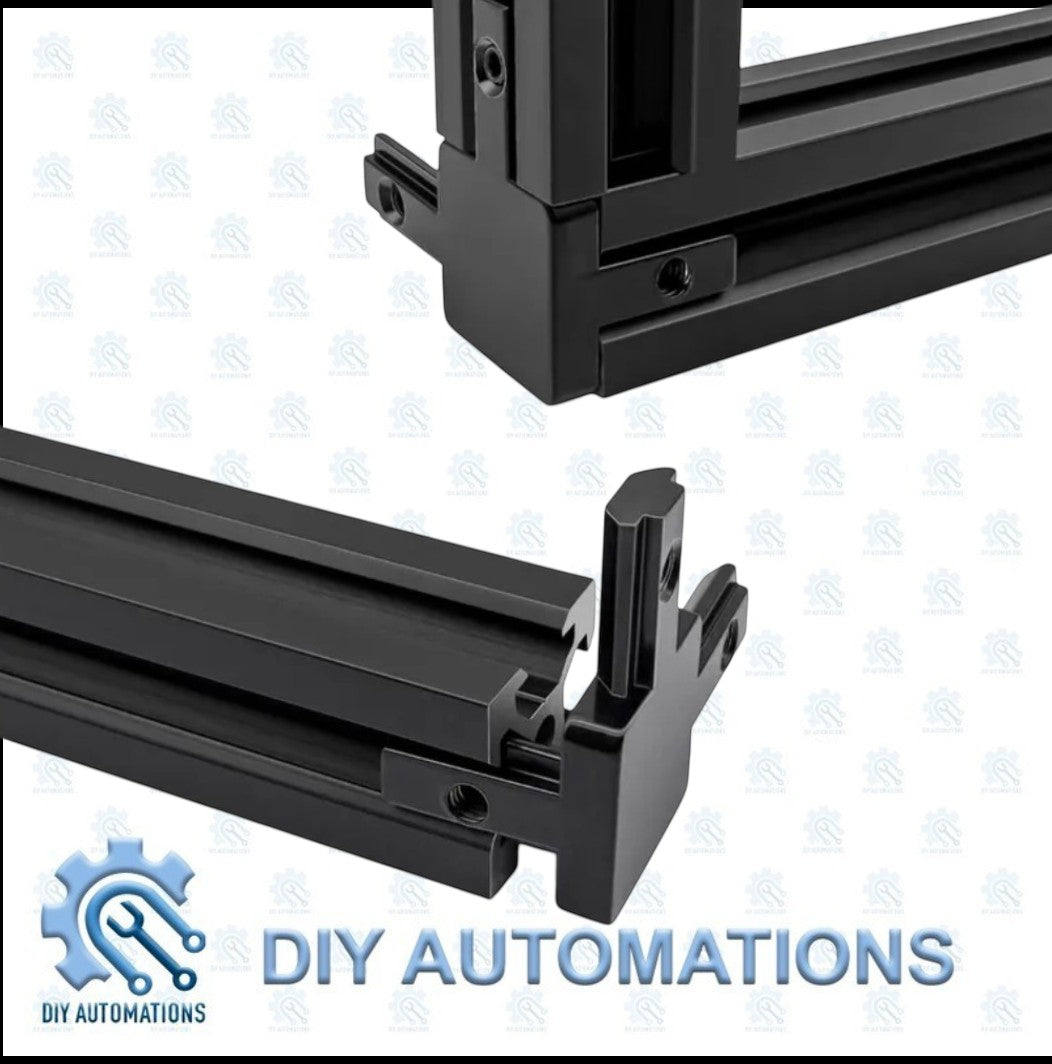 DIY AUTOMATIONS black 3-way corner connector bracket for 20x20 modular furniture frames and shelving.