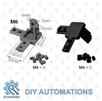 DIY AUTOMATIONS black 3-way corner connector bracket for modular systems, 30x30mm, plastic, includes M6 screws.