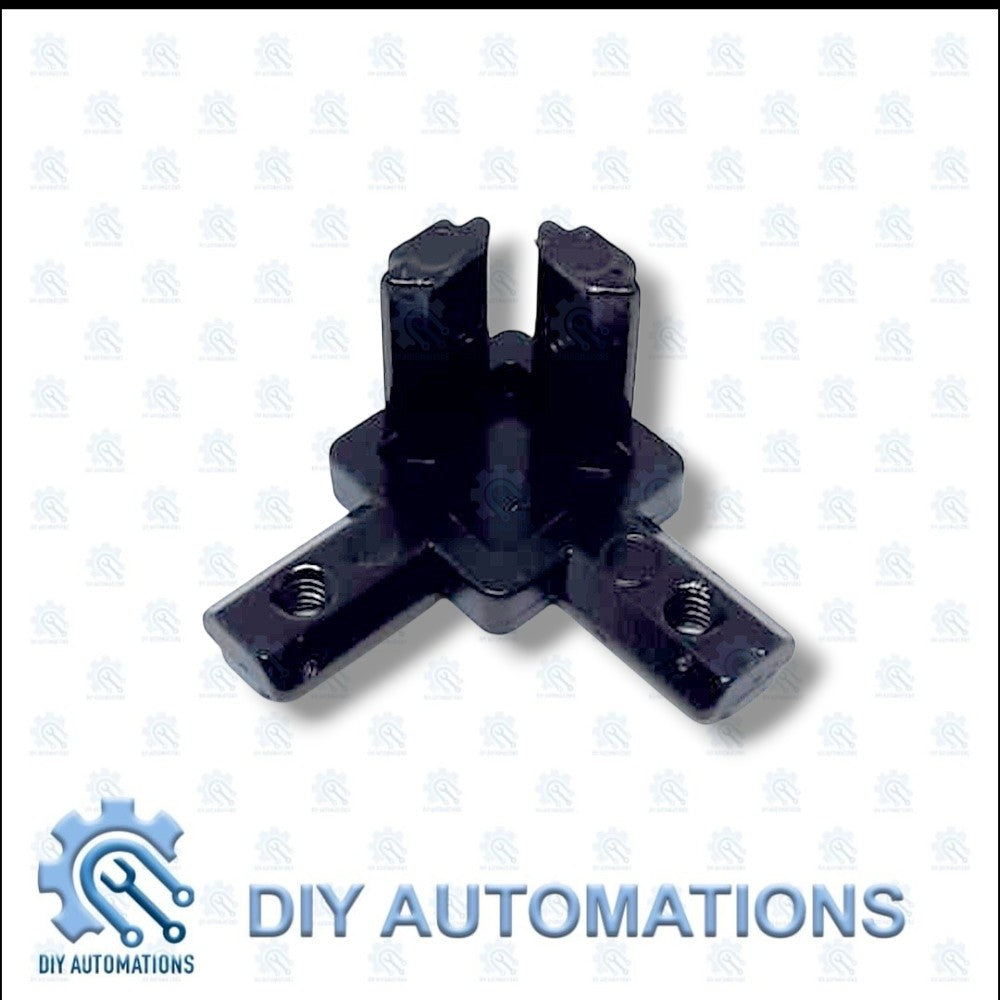DIY AUTOMATIONS black 3-way corner connector bracket for modular furniture, shelving, and frames. Durable plastic.