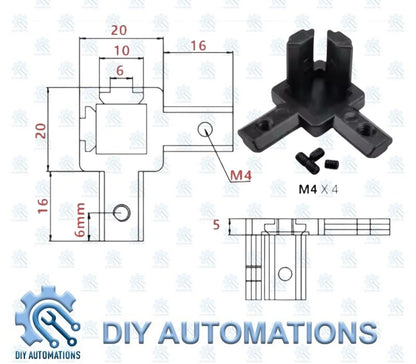 DIY AUTOMATIONS black 3-way corner connector bracket for modular furniture, made of durable plastic, with M4 screws.