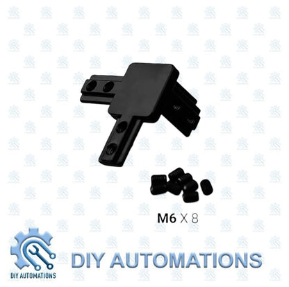 DIY AUTOMATIONS black 3-way corner connector bracket for modular systems, made of plastic, with M6 x 8 screws.