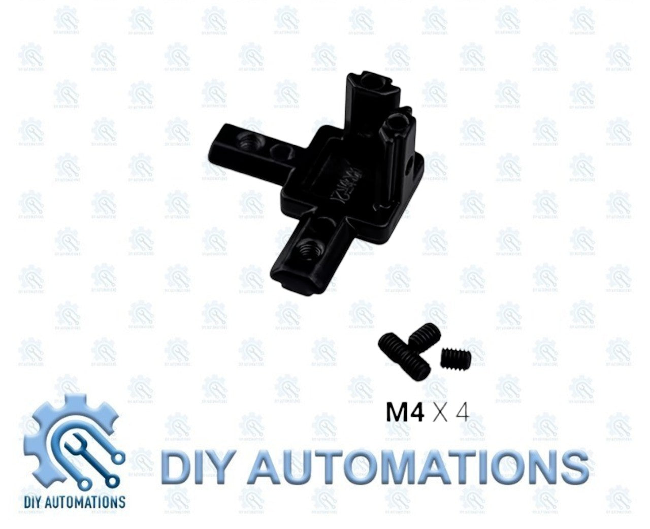 DIY AUTOMATIONS black 3-way corner connector bracket for modular furniture, made of plastic, with M4 screws.
