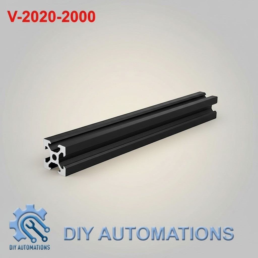 DIY Automations black 2020 aluminum extrusion profile, 2000mm length, T-slot design for custom frames and automation projects.