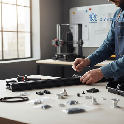 DIY AUTOMATIONS black aluminum extrusion profile for automation projects, with T-slot design. Includes various hardware components.