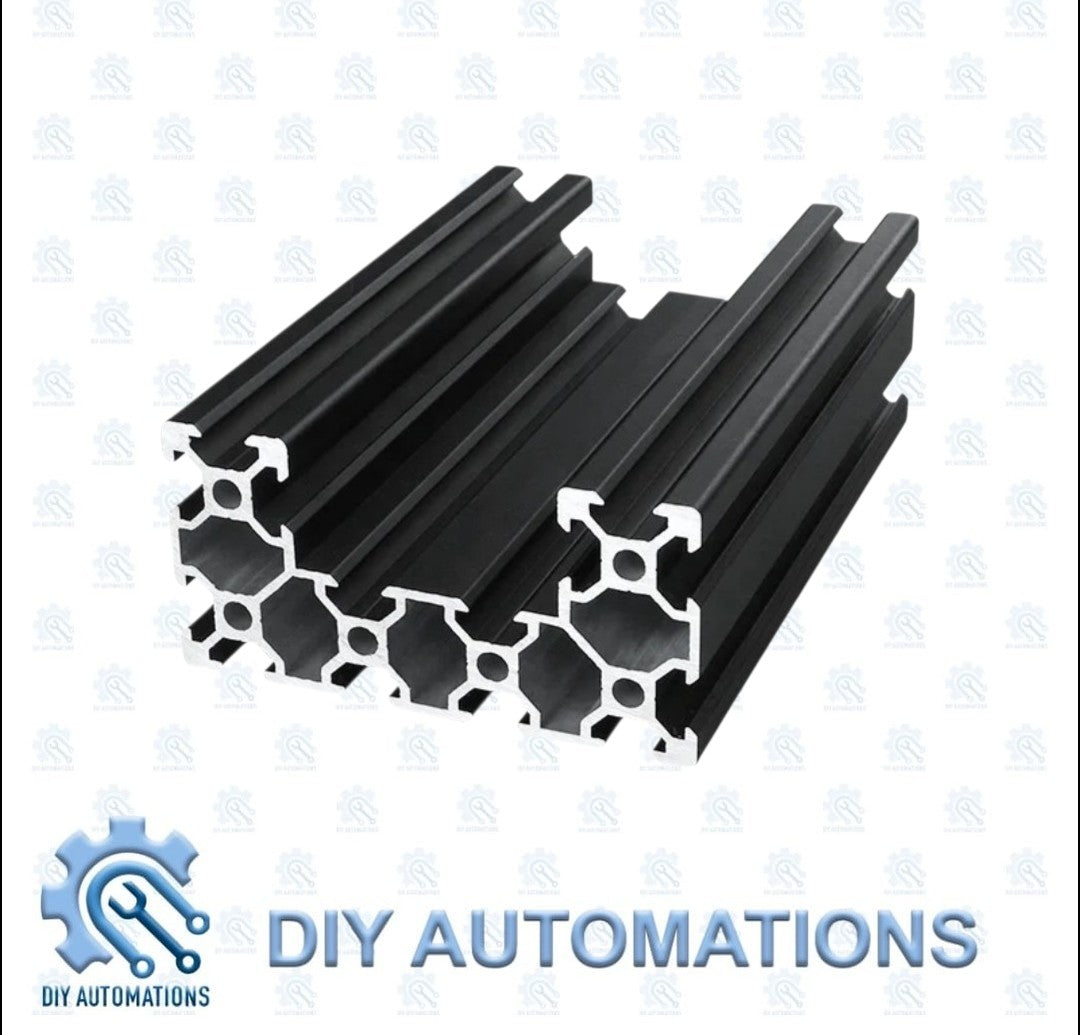 DIY AUTOMATIONS black anodized aluminum extrusion profile with T-slot design for automation projects.