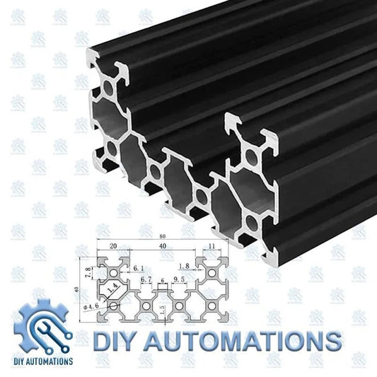 DIY Automations black anodized aluminum extrusion profile with T-slot design for custom frames and automation equipment.
