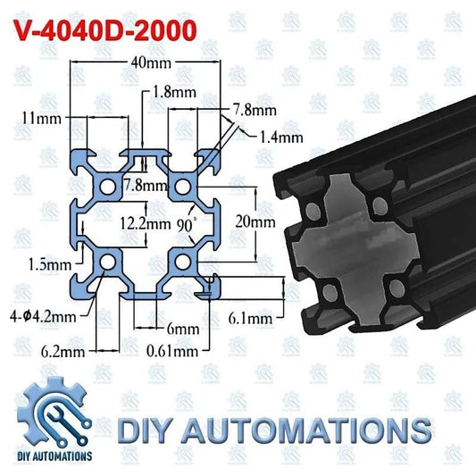 DIY AUTOMATIONS black anodized aluminum extrusion profile V-4040D-2000, 40x40mm with T-slots for custom frames and automation projects.