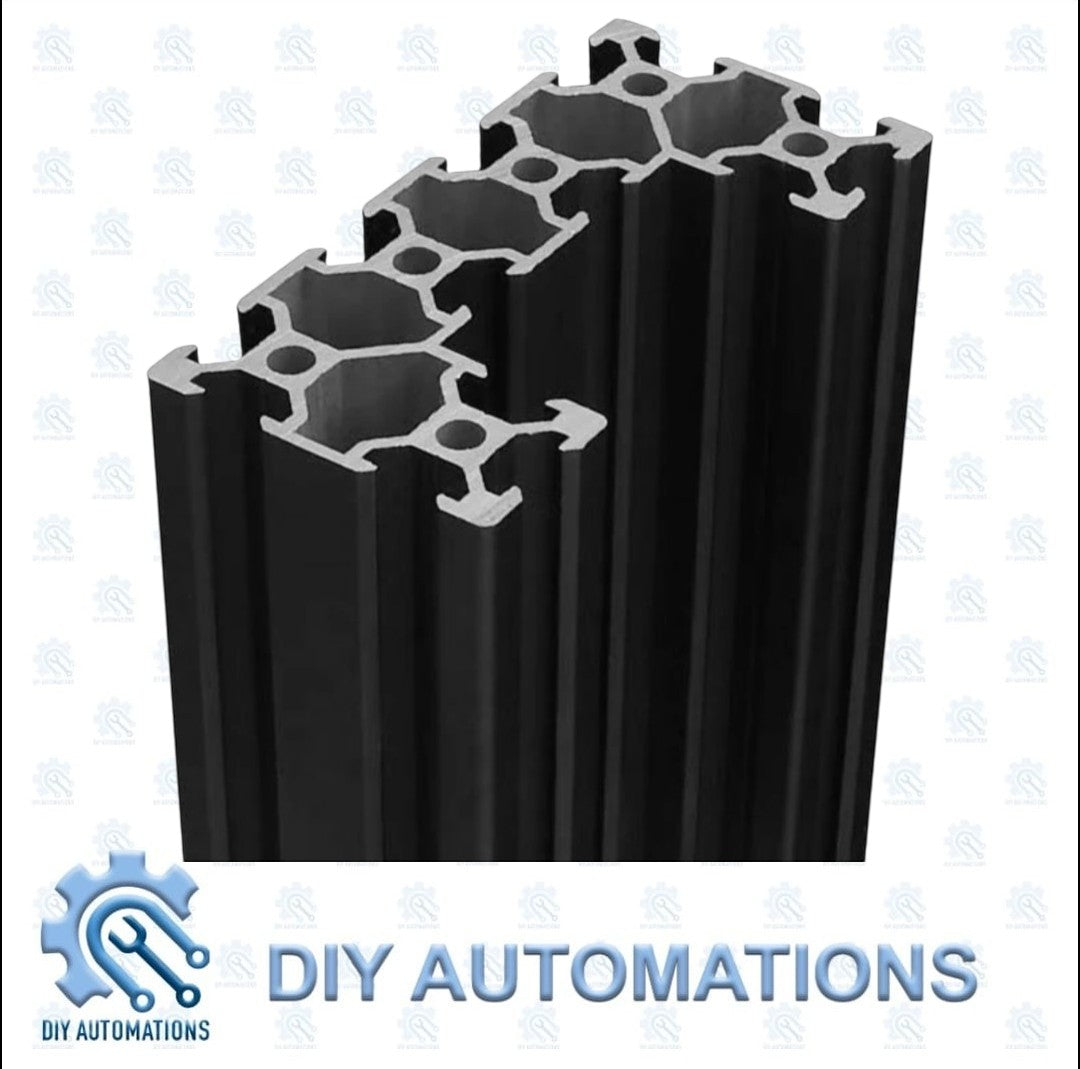DIY AUTOMATIONS black aluminum extrusion profile with T-slot design for automation projects.