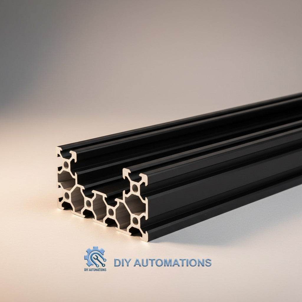 DIY Automations black anodized aluminum extrusion profile with T-slot design for automation projects.