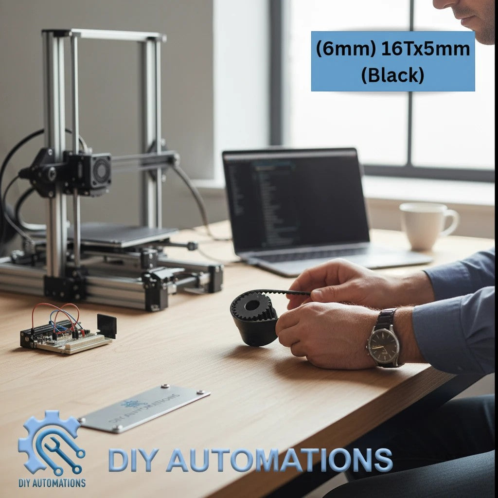 DIY AUTOMATIONS black 16T aluminum timing pulley with 6mm bore for 3D printers and CNC machines on a workbench.