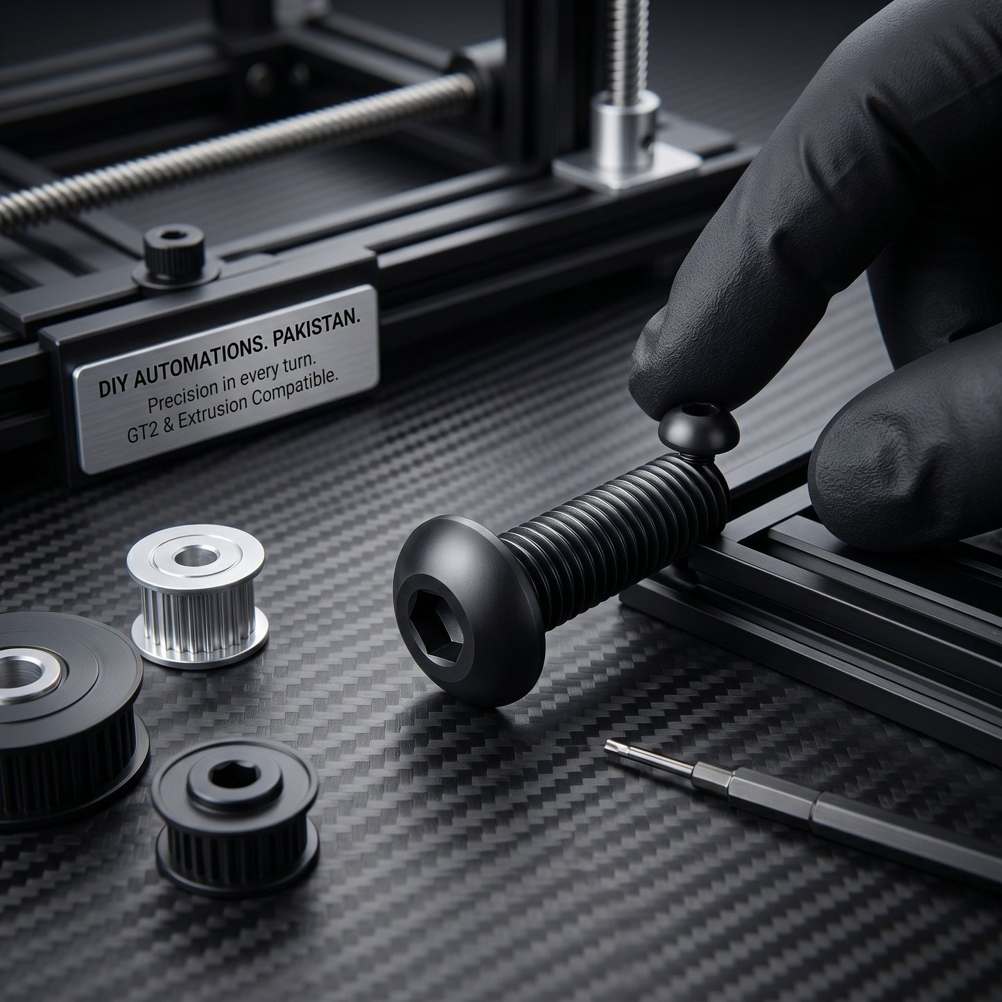DIY AUTOMATIONS black alloy steel M3x12 button head socket cap screw held by a gloved hand on a carbon fiber surface