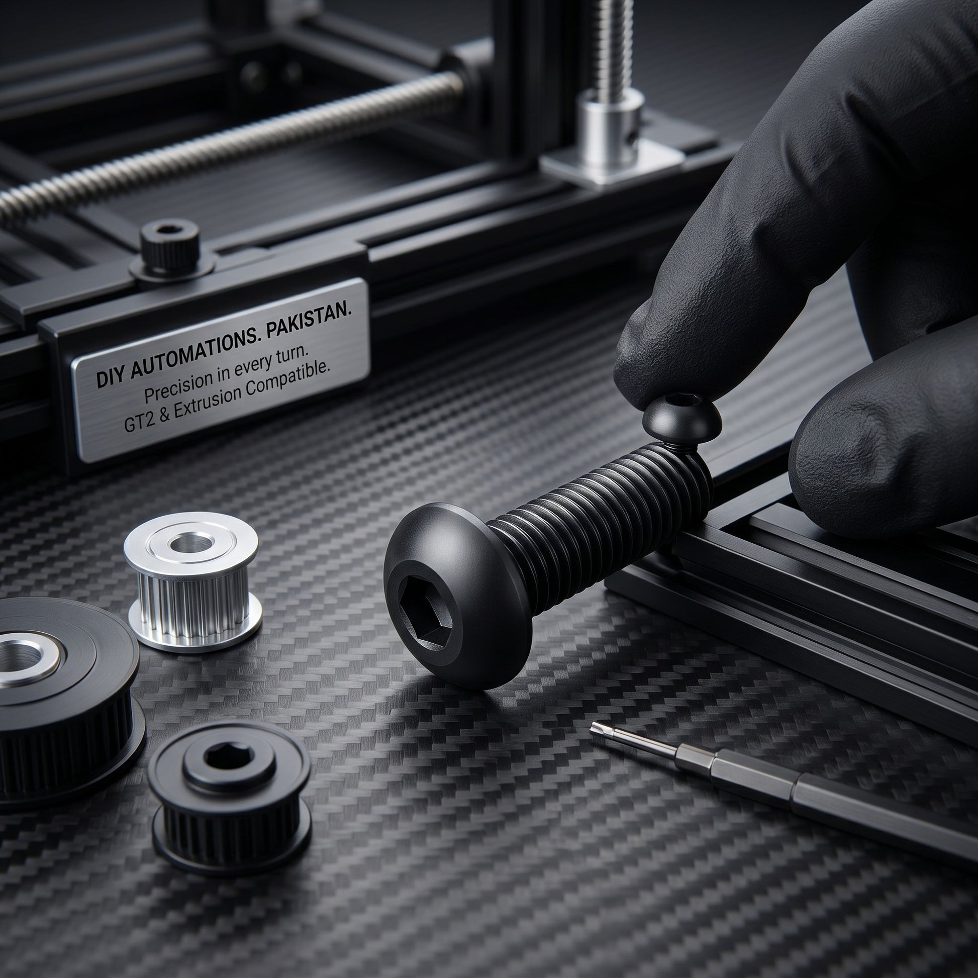DIY AUTOMATIONS black alloy steel M3x12 button head socket cap screw held by a gloved hand on a carbon fiber surface