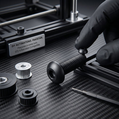 DIY AUTOMATIONS black alloy steel M3x12 button head socket cap screw held by a gloved hand on a carbon fiber surface