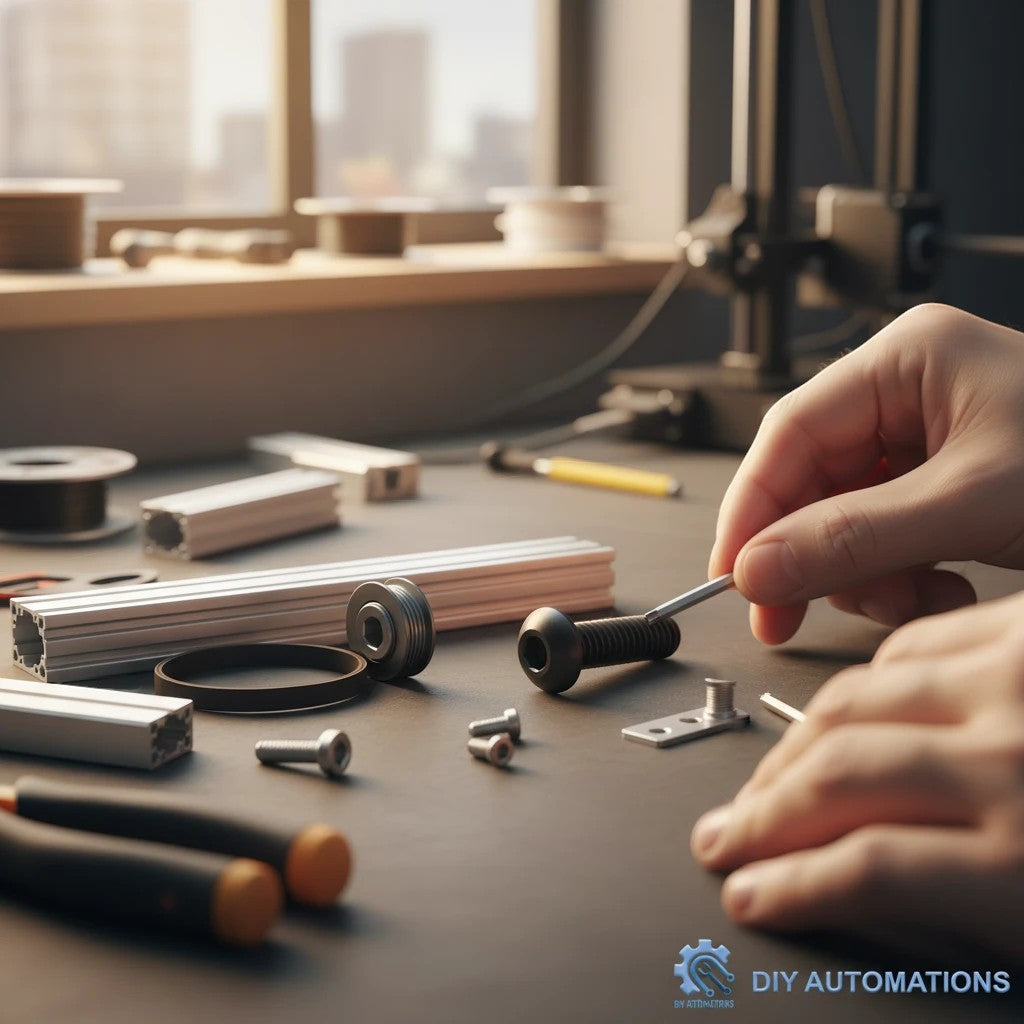 DIY AUTOMATIONS black alloy steel M5x16 button head socket cap screw being installed on a workbench