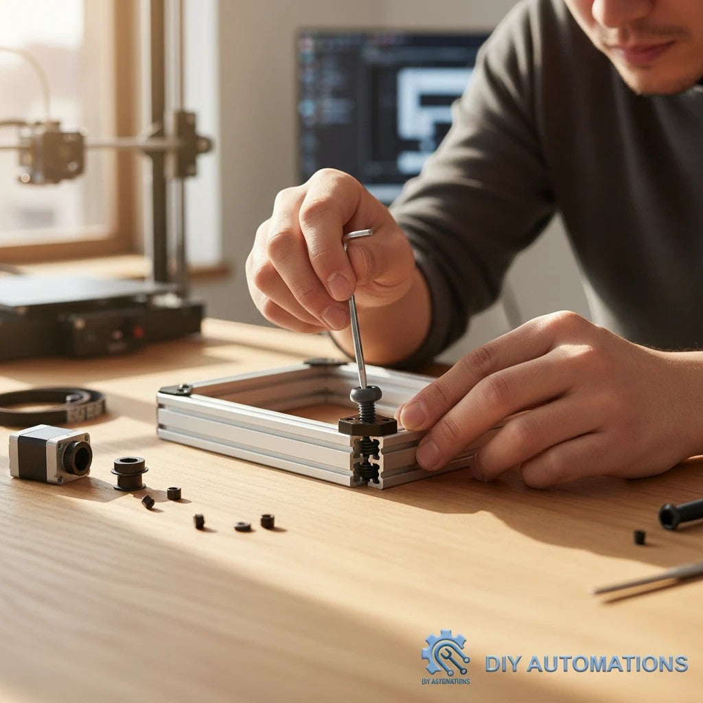 DIY AUTOMATIONS black M4x16 button head socket cap screw being tightened into aluminum extrusion with a hex key