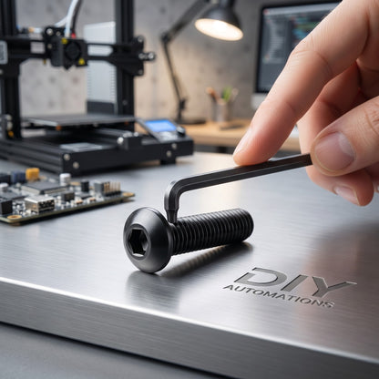 DIY AUTOMATIONS black alloy steel M5x16 button head socket cap screw being tightened with a hex key on a metal surface