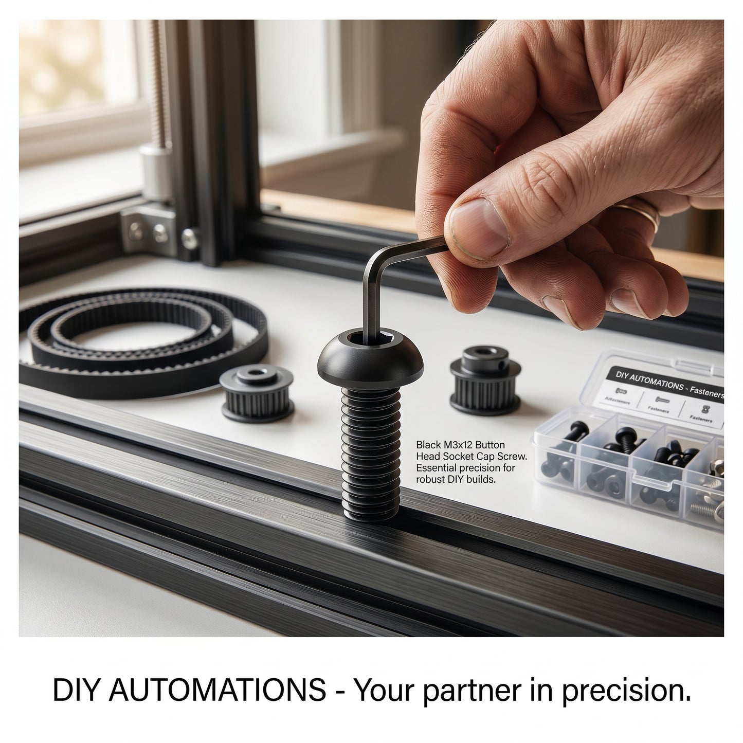DIY AUTOMATIONS black M3x12 button head socket cap screw being tightened with a hex key on an aluminum profile