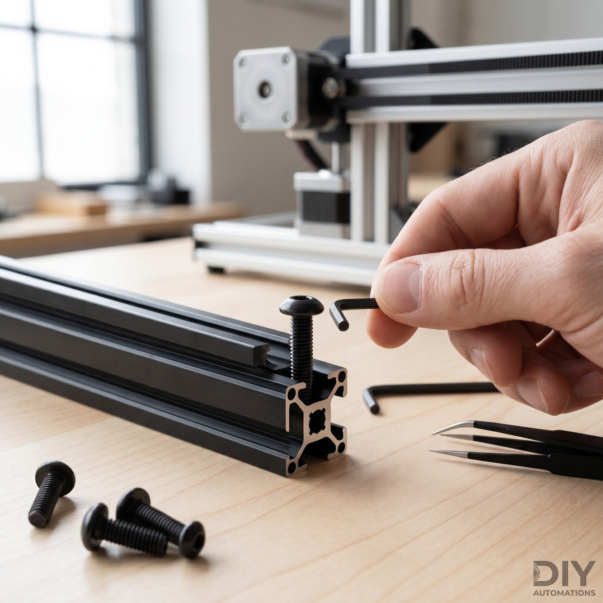 DIY AUTOMATIONS black alloy steel M5x16 button head socket cap screws being installed into aluminum extrusion profile
