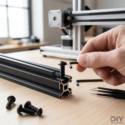 DIY AUTOMATIONS black alloy steel M5x16 button head socket cap screws being installed into aluminum extrusion profile