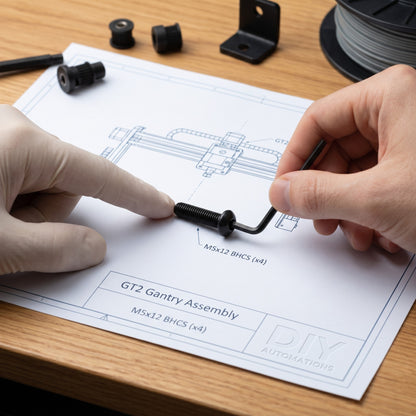 DIY AUTOMATIONS black M5x12 button head socket cap screw being installed with a hex key on a gantry assembly plan.
