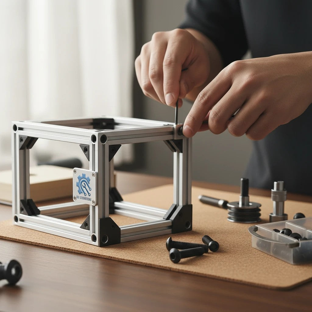 DIY AUTOMATIONS black M4x12 button head socket cap screws being used to assemble an aluminum frame project