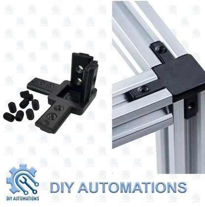 DIY AUTOMATIONS black 3-way corner connector bracket for 20x20 modular furniture, made of durable plastic.