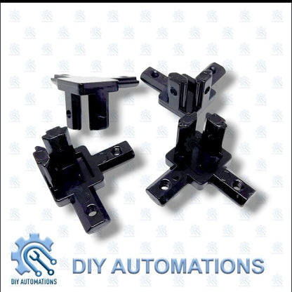 DIY AUTOMATIONS black 3-way corner connector brackets for modular furniture, shelving, and frames. Durable plastic.