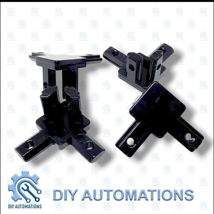 DIY AUTOMATIONS black 3-way corner connector brackets for modular furniture, shelving, and frames. Durable plastic.