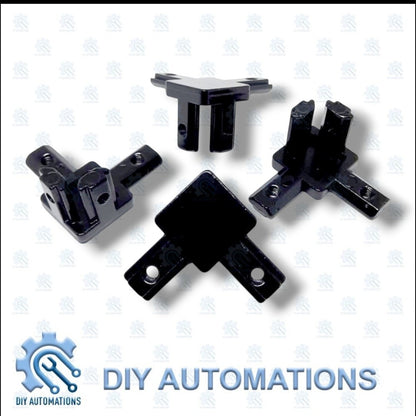 DIY AUTOMATIONS black 3-way corner connector brackets for modular furniture, shelving, and frames. Durable plastic.