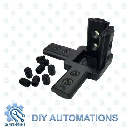DIY AUTOMATIONS black 3-way corner connector bracket for modular systems, made of plastic, with screws.