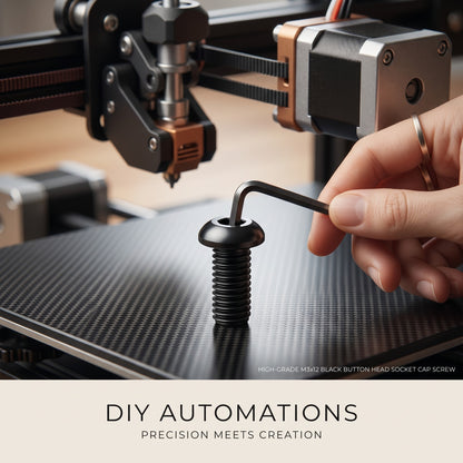 DIY AUTOMATIONS black M3x12 button head socket cap screw being tightened with a hex key on a 3D printer bed.