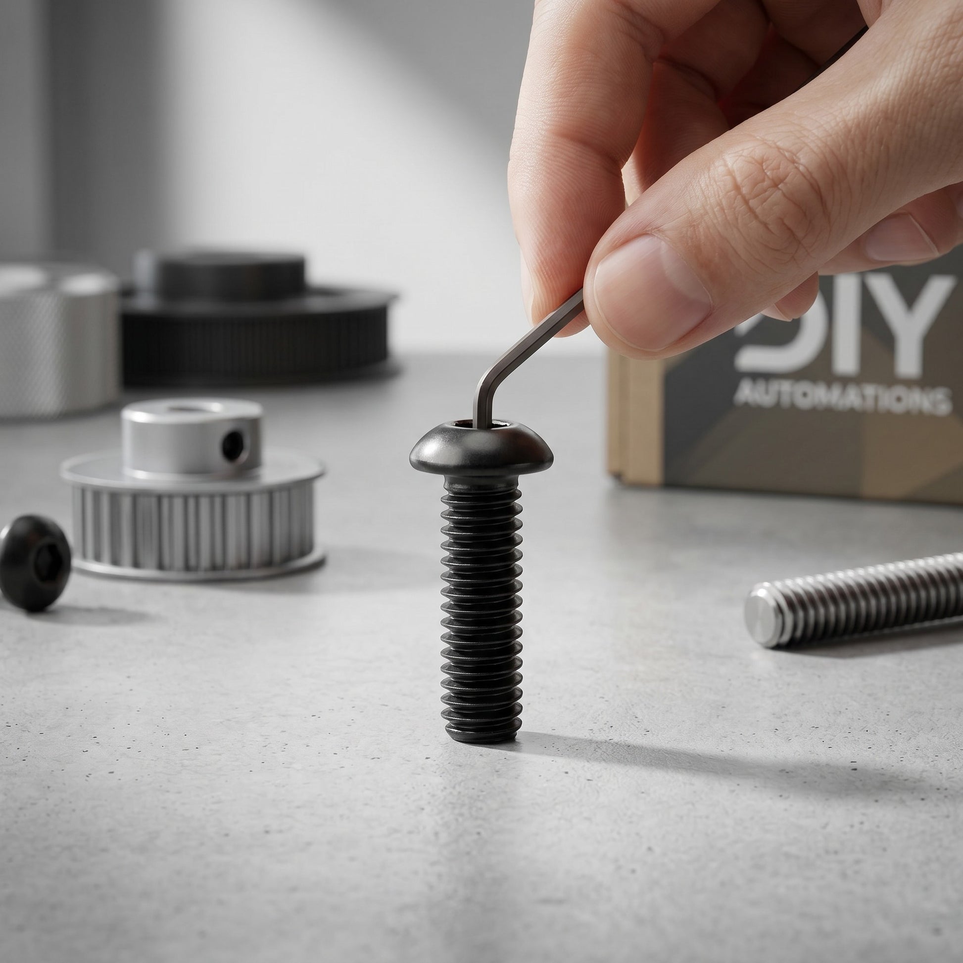 DIY AUTOMATIONS black M3x6 button head socket cap screw being tightened with a hex key on a workbench.