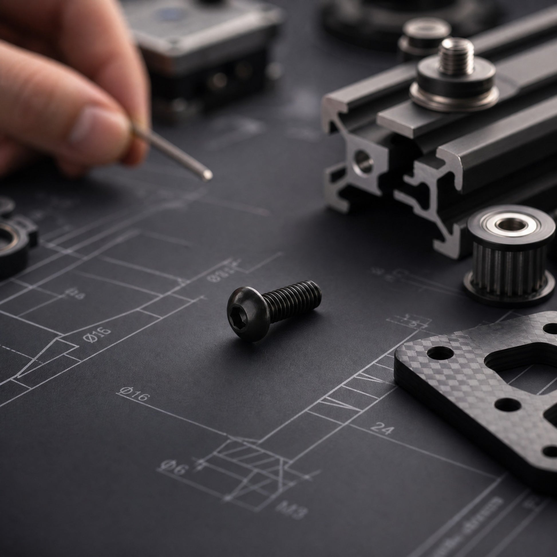 DIY AUTOMATIONS black M3x6 button head socket cap screw on a technical blueprint with mechanical parts