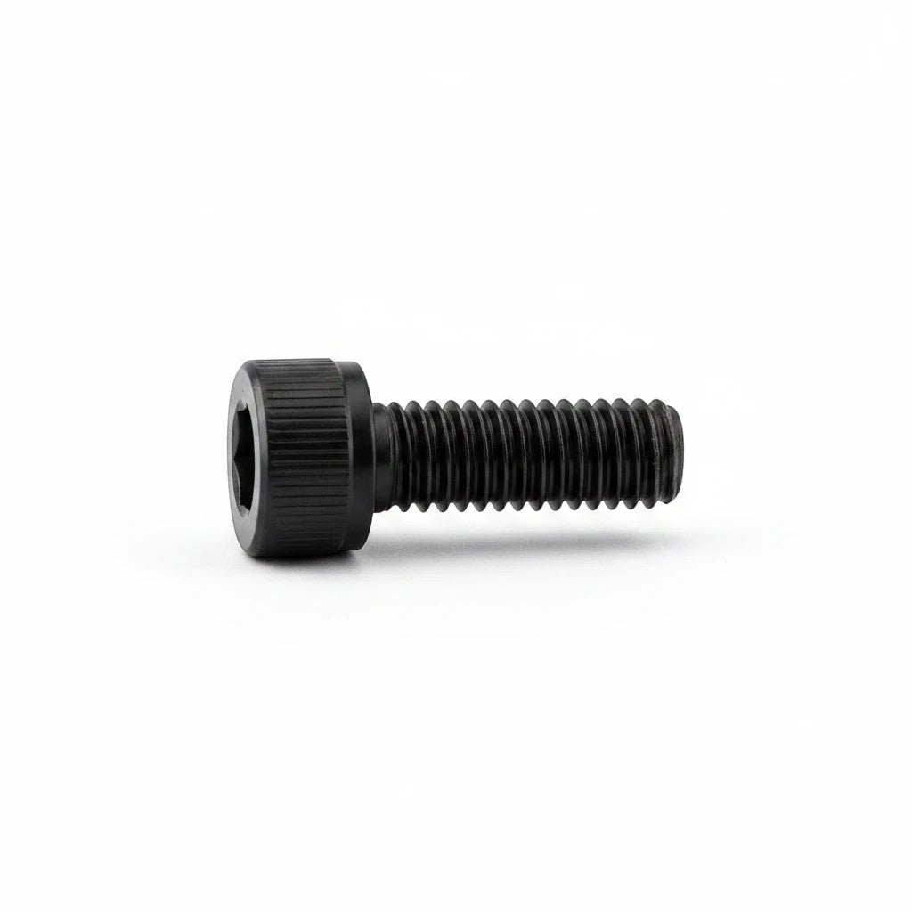 DIY AUTOMATIONS black M4x12 socket head screw with a cylindrical head and hexagonal drive on a white background