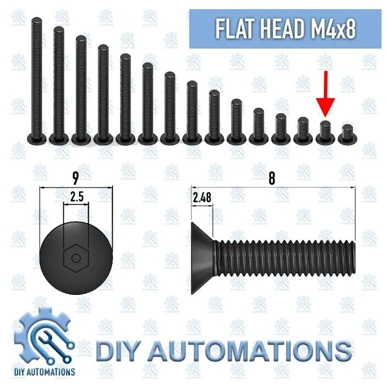 DIY AUTOMATIONS black M4x8 flat head countersunk screws with hex socket drive, shown in various lengths.