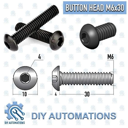 DIY Automations black M6x30 button head socket screw with hex drive.
