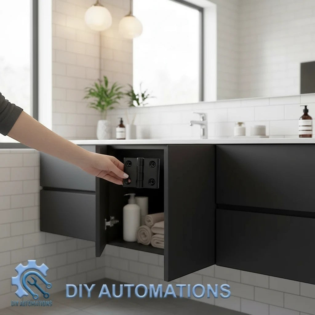 DIY AUTOMATIONS 20x20 black plastic butt hinge held by a hand in a modern bathroom cabinet setting.