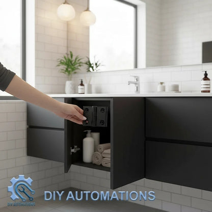 DIY AUTOMATIONS 20x20 black plastic butt hinge held by a hand in a modern bathroom cabinet setting.