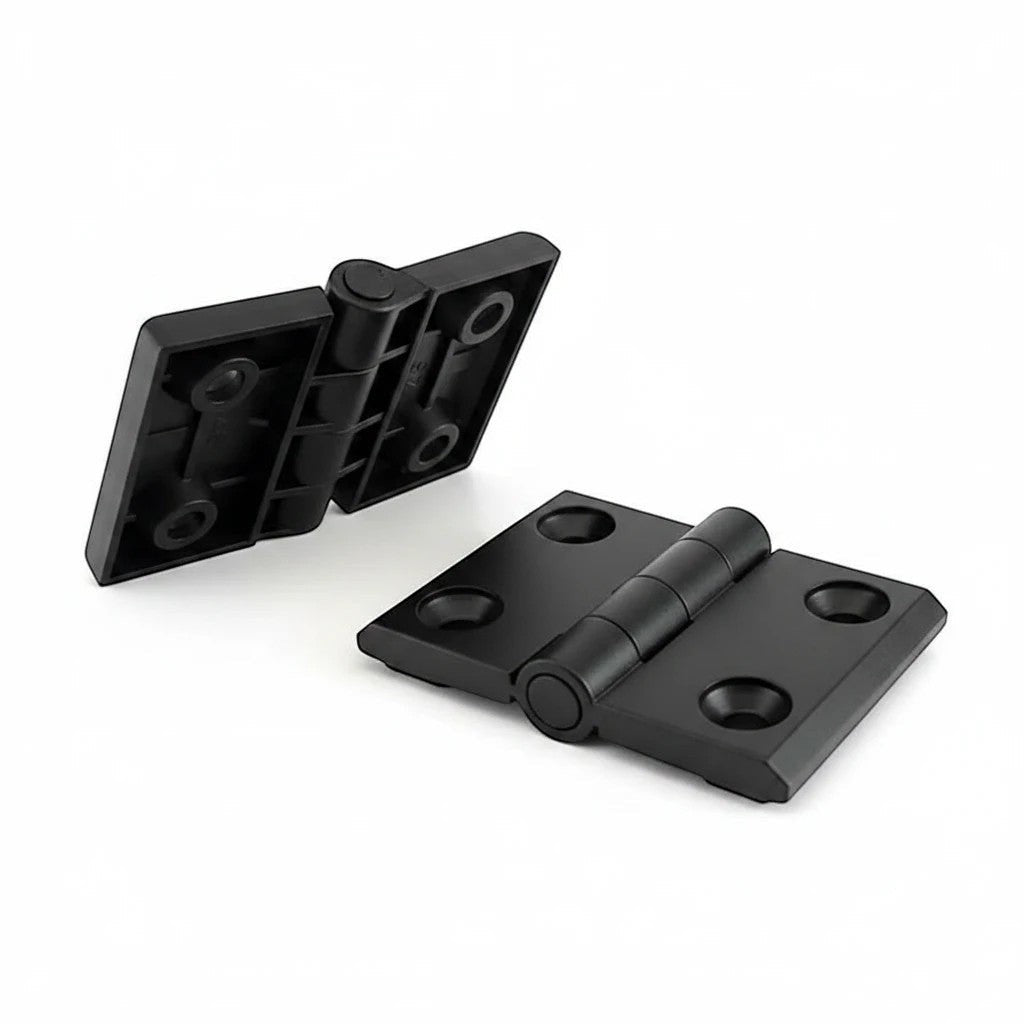 DIY AUTOMATIONS 20x20 black plastic butt hinges for cabinet doors with four screw holes for easy installation.