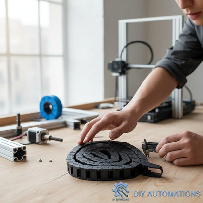 DIY Automations black plastic 10x15 drag chain for cable management on a workbench with a 3D printer.