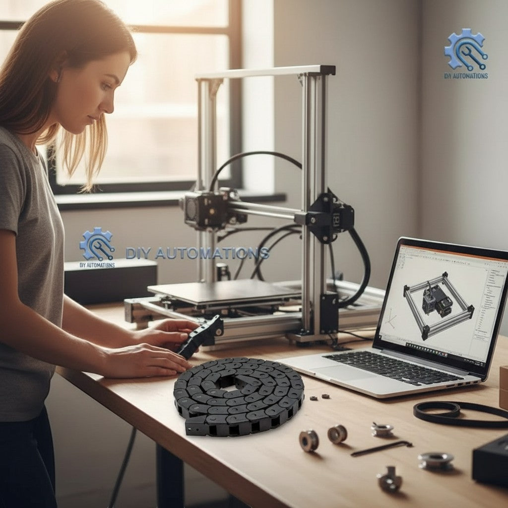 DIY Automations black plastic industrial drag chain cable carrier for robotics and CNC machines.