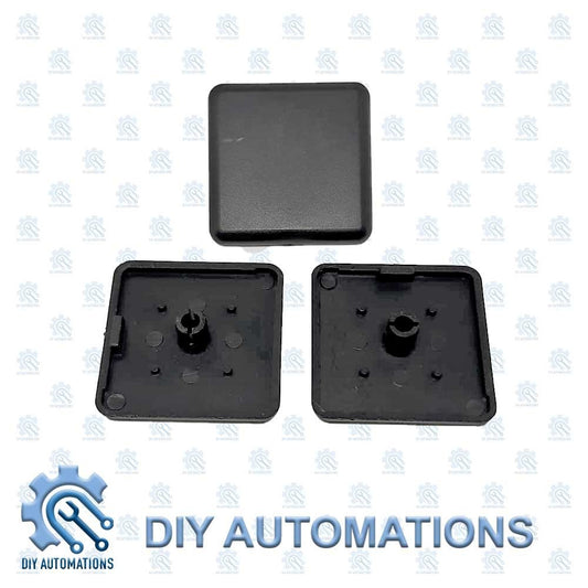 DIY Automations black plastic 40x40mm extrusion end cap, showing top and bottom views.