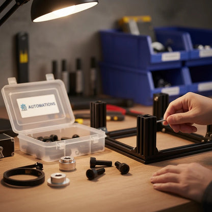 DIY AUTOMATIONS black M3x6 socket head screw being installed into a frame on a workbench with a storage box nearby